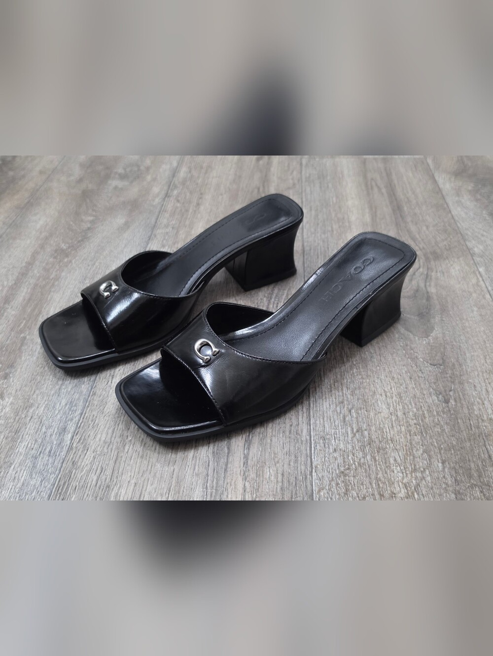 Coach Black Patent Leather Block Heel Slide Sandals
